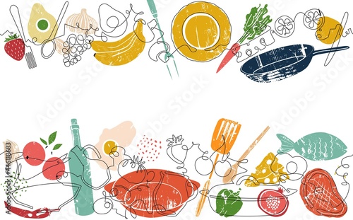 Photo Two top and bottom Seamless Patterns with Food and Utensils
