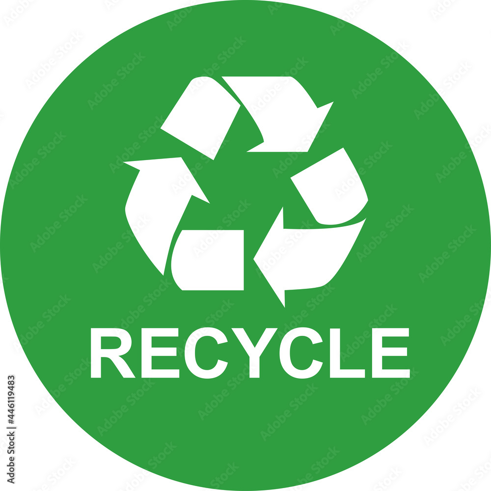 Recycle sign icon. White on green round background. Recyclable Waste symbol. Recycle sign icon. White on green round background. Recyclable Waste symbol.