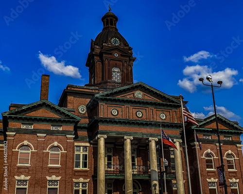 Newnan Georgia historic city courthouse with a blue sky background