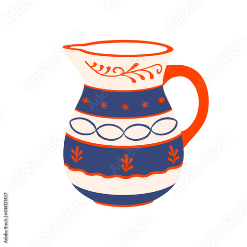 Сeramic jug isolated on white background.  Cute kitchenware. Vector illustration.