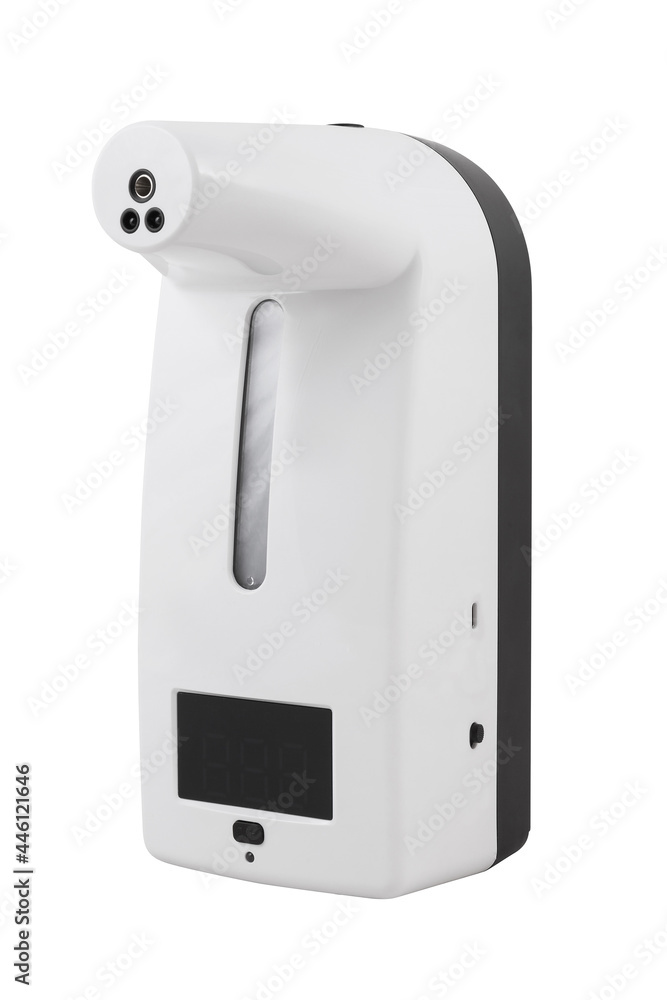 Hand sanitizer dispenser with temperature sensor and screen isolated on white background side view. Automatic alcohol dispenser.
Hand sanitizer dispenser with temperature sensor and screen isolated on white background side view. Automatic alcohol dispenser.
