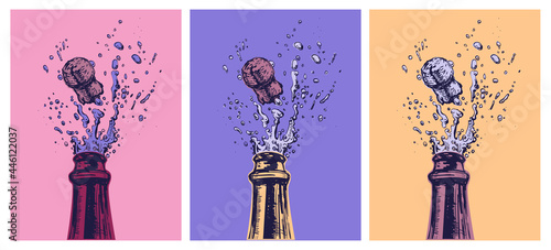 Hand drawn Illustration of Champagne explosion. Hand drawn Illustration of Champagne explosion. Vector Illustration. Pop Art. Modern art