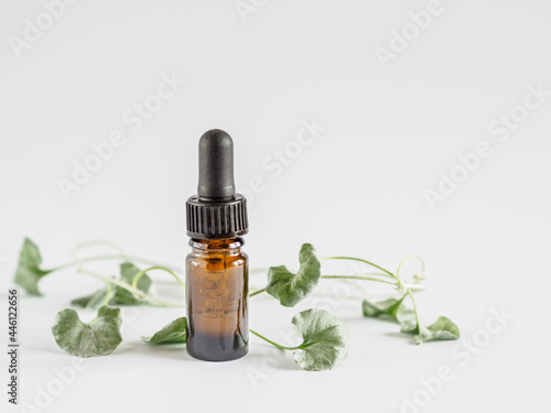 Serum bottle from brown glass with pipette. Green foliage on background. Bio organic concept. Copy space. Horizontal view.