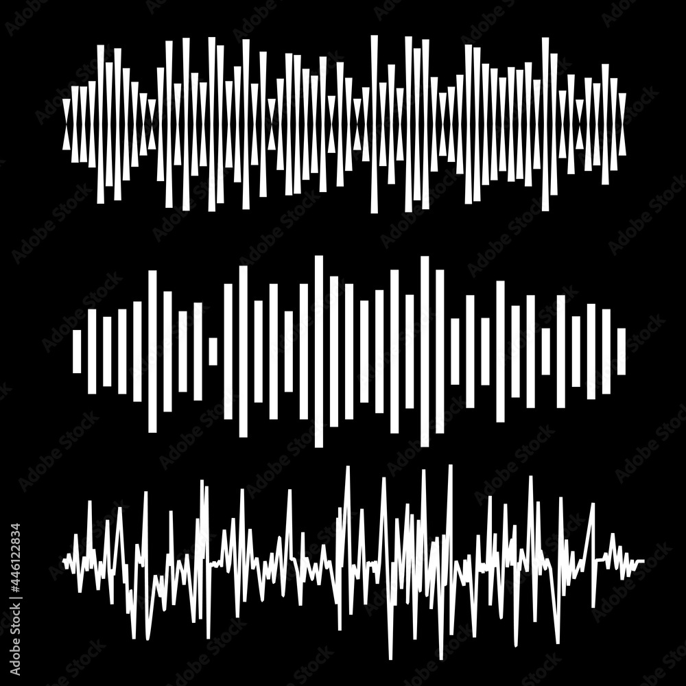 Abstract Music Waves Set. Monocolor Audio Soundtrack, Musical Vibrations. Radio Wave Icons. Music Frequency on Black Background