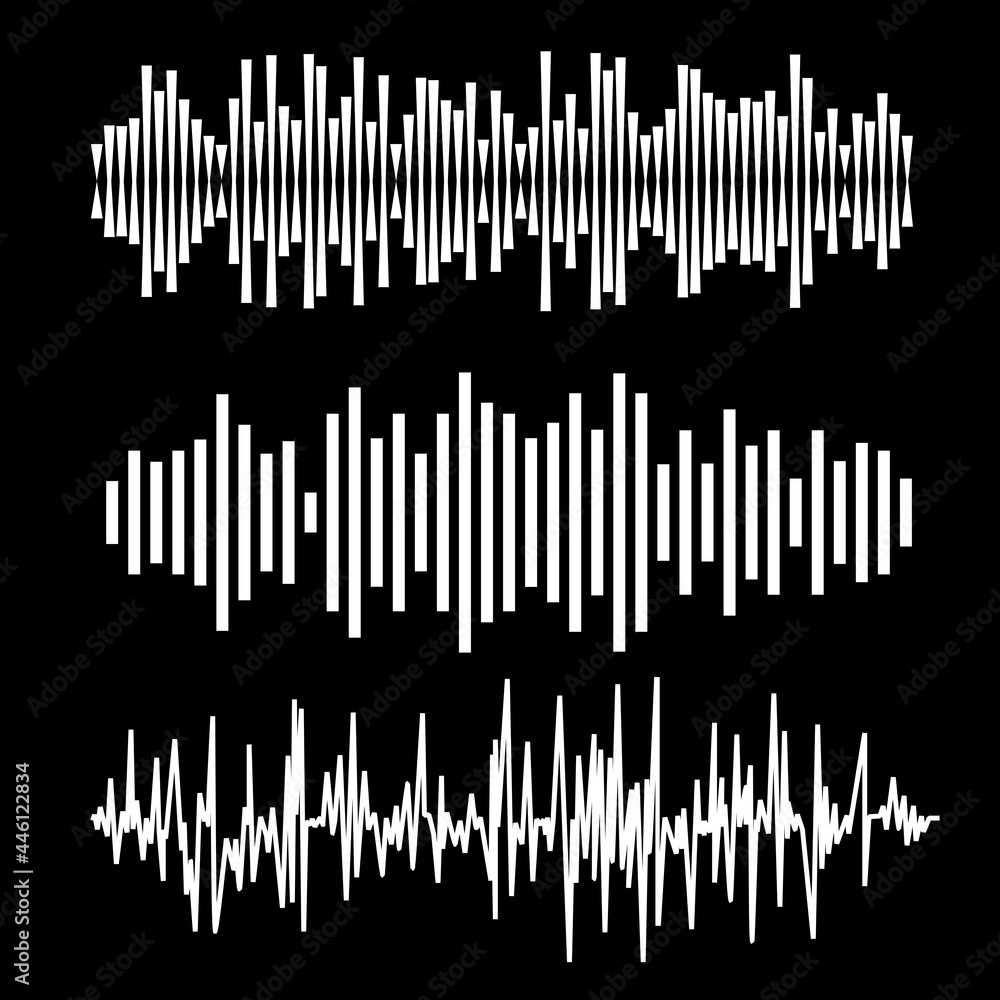 Abstract Music Waves Set. Monocolor Audio Soundtrack, Musical Vibrations. Radio Wave Icons. Music Frequency on Black Background Abstract Music Waves Set. Monocolor Audio Soundtrack, Musical Vibrations. Radio Wave Icons. Music Frequency on Black Background