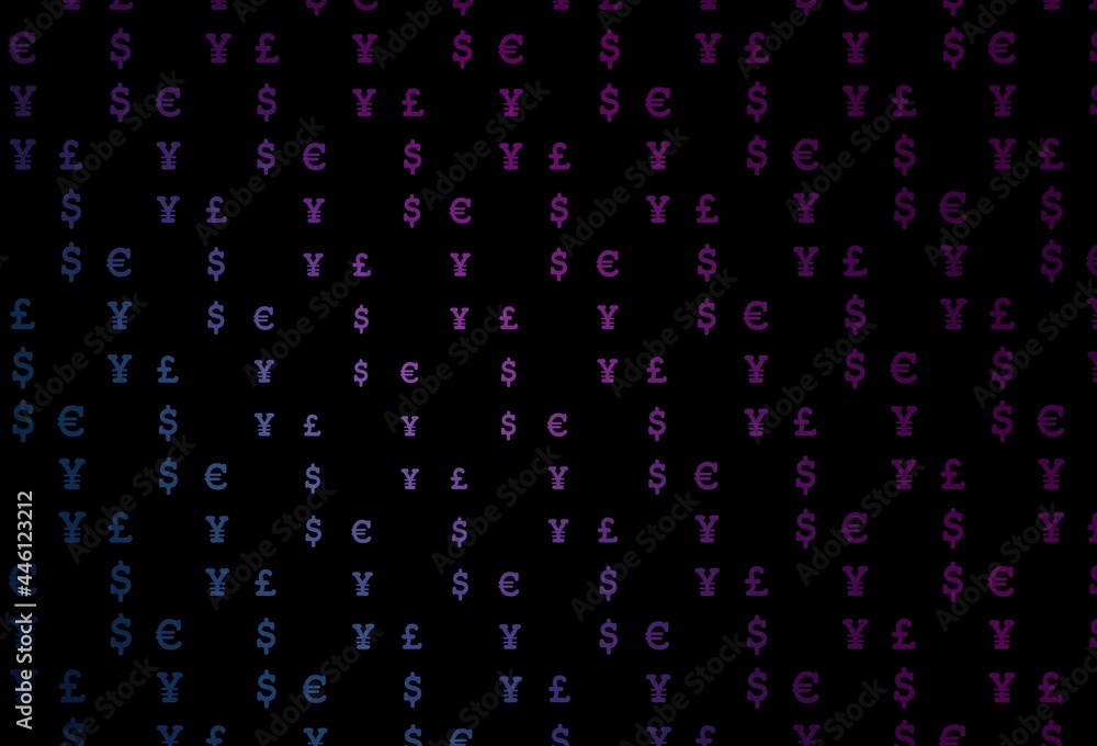 Dark pink, blue vector texture with financial symbols.