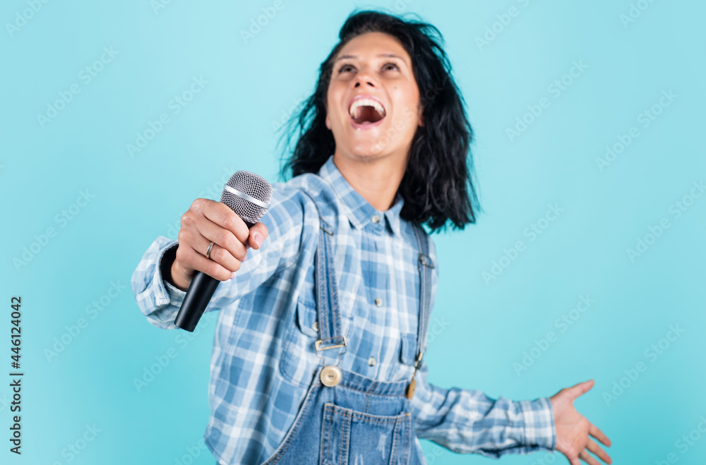 happy singer with microphone. girl singing. vocal school concept. karaoke club. music is my life. woman sing with mic. cheerful event manager. host of events. have fun on party happy singer with microphone. girl singing. vocal school concept. karaoke club. music is my life. woman sing with mic. cheerful event manager. host of events. have fun on party