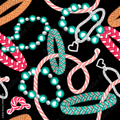 Braided bracelets and lace artistic illustration  pattern.Jewelry are located chaotically and intertwined with each other.Decorative design elements on black . Vector seamless fashionable template.