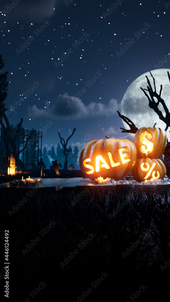 Fototapeta premium best Halloween scary and Spooky pumpkin in fire. around mystic night and cemetery . High quality 3d render