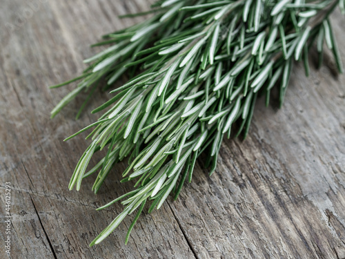 Fresh organic rosemary on vintage wooden background. Copy space.