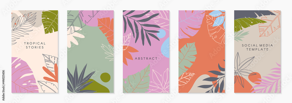 Fototapeta Bundle of insta story templates with tropical palm leaves.Modern vector summer layouts with copy space for text.Bright vibrant banners.Trendy designs for social media marketing,digital post,prints.