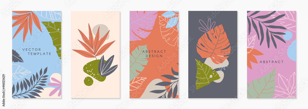 Bundle of insta story templates with tropical palm leaves.Modern vector summer layouts with copy space for text.Bright vibrant banners.Trendy designs for social media marketing,digital post,prints.