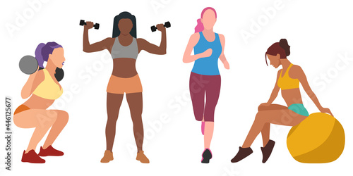 A collection of four different women are engaged in sports. Gymnastics, running, weightlifting, fitness. Healthy Life