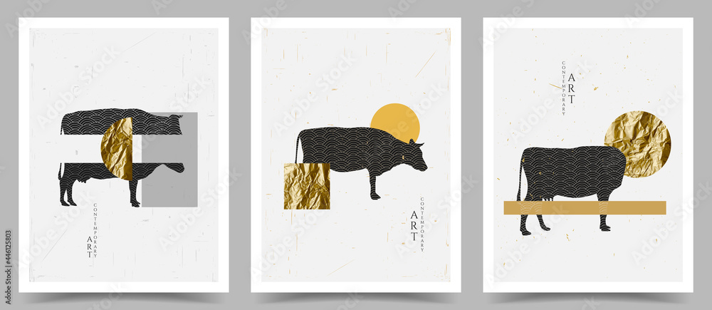Vector illustration. Abstract contemporary room interior poster collection. Postcard, book cover, magazine, brochure, banner design element. Cow isolated. Surreal shapes composition. Gold foil texture