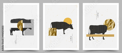 Vector illustration. Abstract contemporary room interior poster collection. Postcard, book cover, magazine, brochure, banner design element. Cow isolated. Surreal shapes composition. Gold foil texture