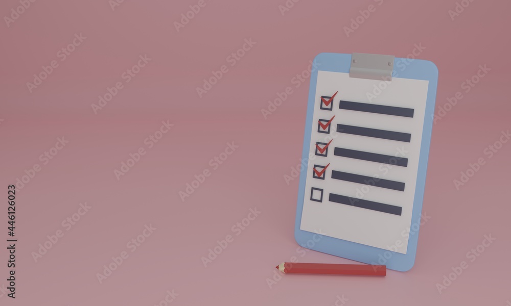 Check list with a pencil and checked boxes. 3d rendering. Check list with a pencil and checked boxes. 3d rendering.