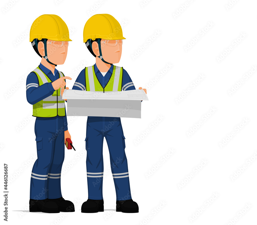 Two workers are discussing about engineering drawing. Two workers are discussing about engineering drawing.