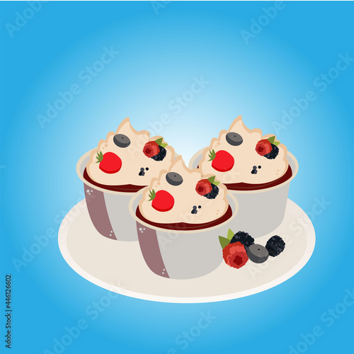 tasty three cupcakes with fruits on a plate 