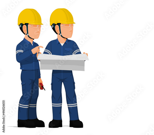 Two workers are discussing about engineering drawing.
