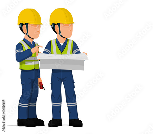 Two workers are discussing about engineering drawing.