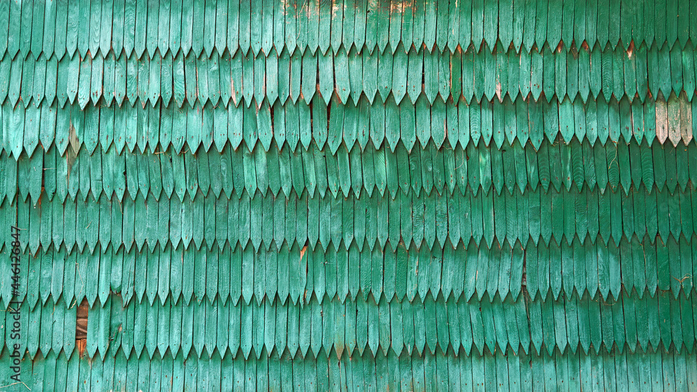 Old vintage green wood shingle wall background
