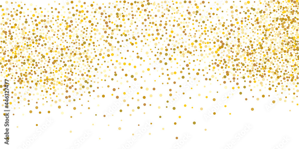 Golden glitter confetti on a white background. Illustration of a drop of shiny particles. Decorative element. Element of design. Vector illustration, EPS 10.