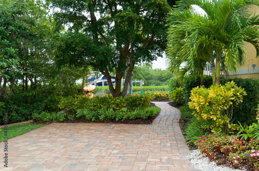 A beautiful paved florida walkway, well manicured and surrounded by trees