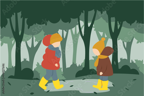 Autumn background, children play and jump in a puddle, children in autumn, autumn forest. Vector flat illustration.