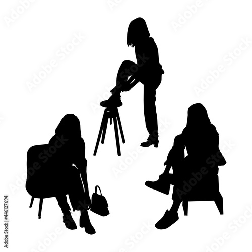 A set of posing girls models in silhouette style for printing on T-shirts, bags, pillows, laser cutting. Vector illustration.