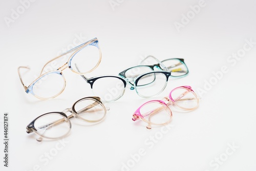 Child's plastic frame for glasses. Mock up for the design of optics store and shop, eye clinic. Glasses for reading and distance, correction of sight. Beautiful eyeglasses rim.