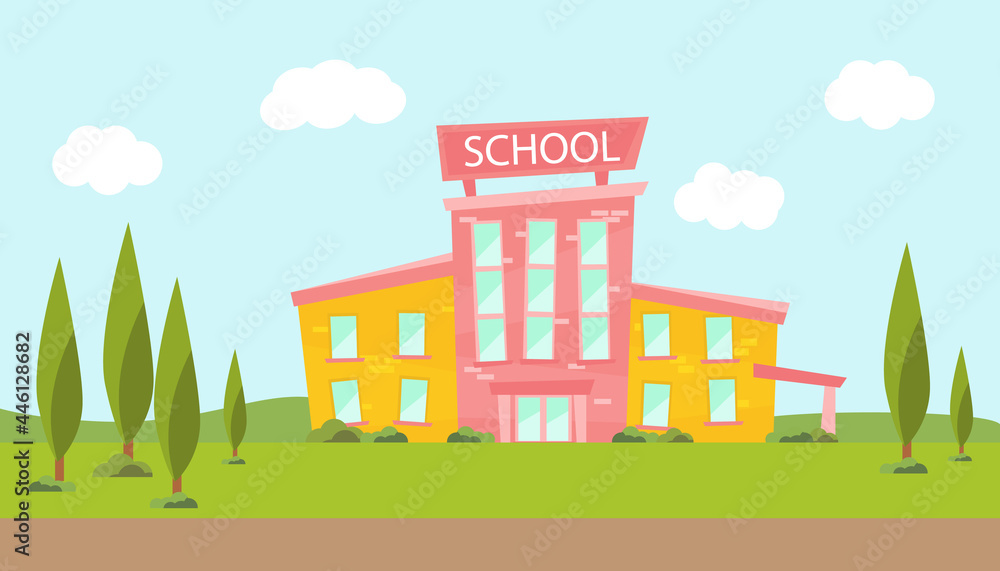 Cartoon school building. Illustration of a school with landscaping. Modern illustration of the school. Vector flat illustration.