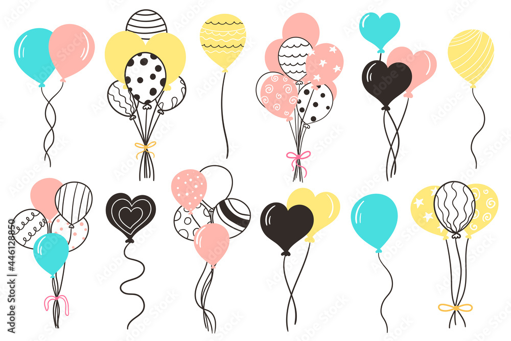 Bunches and groups of colorful helium balloons. Illustrated vector. A set of balloons for celebrating a birthday, celebration, anniversary.