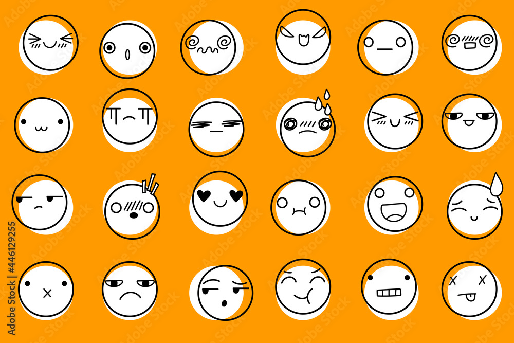 Emoji icons yellow background. Cute emoticons face, vector illustration. Different mood positive and negative human feelings illustration. Emoji icons yellow background. Cute emoticons face, vector illustration. Different mood positive and negative human feelings illustration.