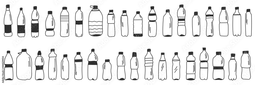 Vector sketch set plastic bottles for water. Doodle illustration. Vector sketch set plastic bottles for water. Doodle illustration.