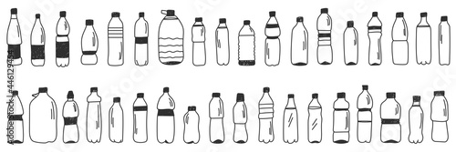 Vector sketch set plastic bottles for water. Doodle illustration. 