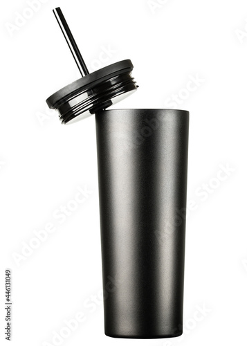 Reusable water bottle. Travel cup for drinking. Simple modern classic Insulated tumbler with straw and flip lid. Stainless Steel bottle. Black Mug for Iced Coffee. Isolated white background.