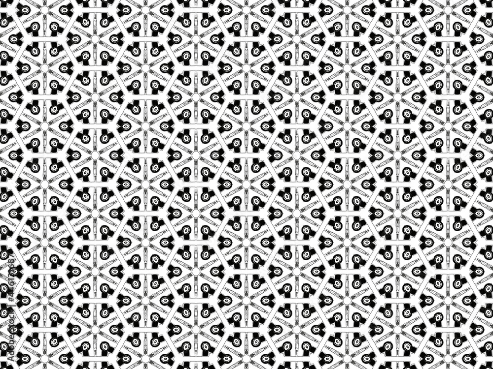 Textile pattern with white arrows and black triangles on a white background Textile pattern with white arrows and black triangles on a white background