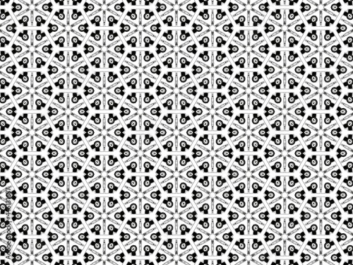 Textile pattern with white arrows and black triangles on a white background