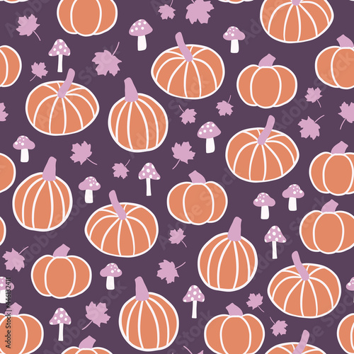 Autumn Pumpkins, Maples Leaves, and Mushrooms Seamless Pattern Background