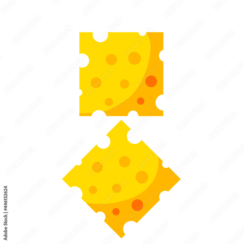 Piece of cheese. Slice food. Yellow ingredient with holes. Roquefort dairy products. Set of Flat cartoon illustration Piece of cheese. Slice food. Yellow ingredient with holes. Roquefort dairy products. Set of Flat cartoon illustration