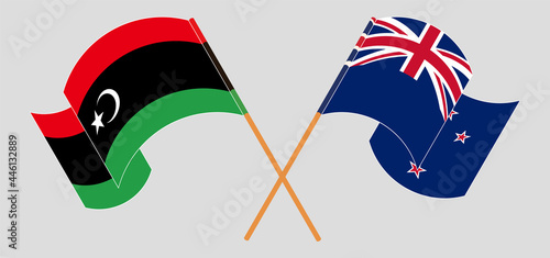 Crossed and waving flags of Libya and New Zealand