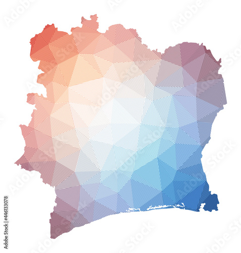 Map of Ivory Coast. Low poly illustration of the country. Geometric design with stripes. Technology, internet, network concept. Vector illustration.