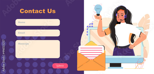 Contact Us form template for web or landing page vector Illustration. Customer service agent in headphones talking with clients. Online customer support, helpdesk concept, mobile hotline, call center.