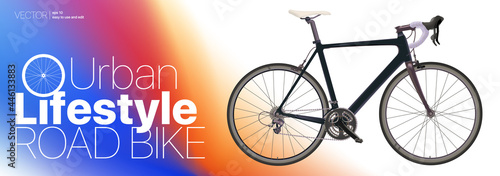 Realistic road bike Black Carbon sport bike isolated on gradient background Vector Illustration for directory Poster Web Horizontal Banner Advertising Bicycle rental Signboard