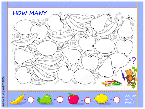 Educational page for children. Find fruits, paint them, count the quantity and write the numbers. Worksheet for mathematics school textbook. Coloring book. Kids activity sheet. Logic puzzle game.