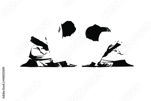 Old Judo master and young female student kneeling and bowing to each other