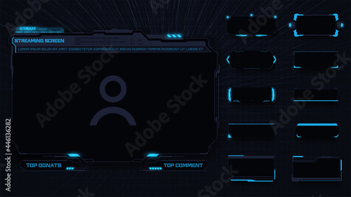 A modern frame theme for streaming panel screen. A design template for a set of overlay frames for streaming games, as well as buttons. Sci Fi modern user interface elements. Vector futuristic design