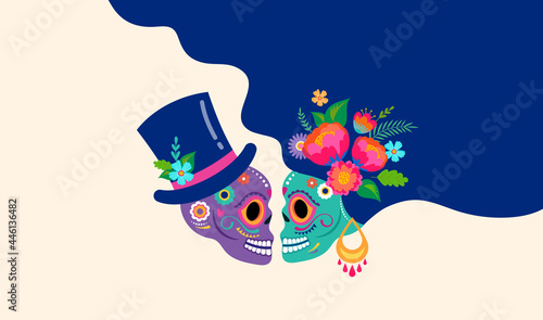Day of the dead, Dia de los muertos with in love couple, Mexican wedding concept, woman and man skulls , banner with colorful Mexican flowers. Fiesta, Halloween holiday poster, party flyer, funny