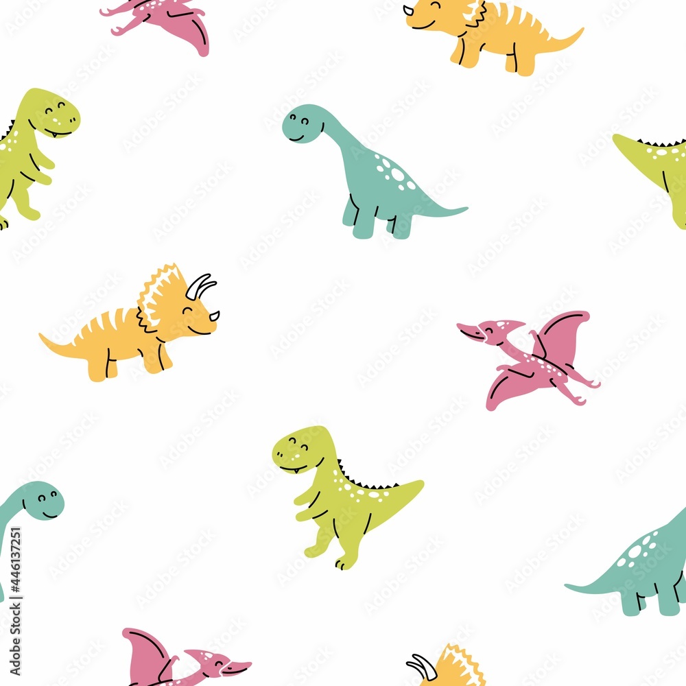 Fototapeta premium Vector color seamless repeating pattern with cute color dinosaurs. Scandinavian-style childish pattern with dinosaurs.