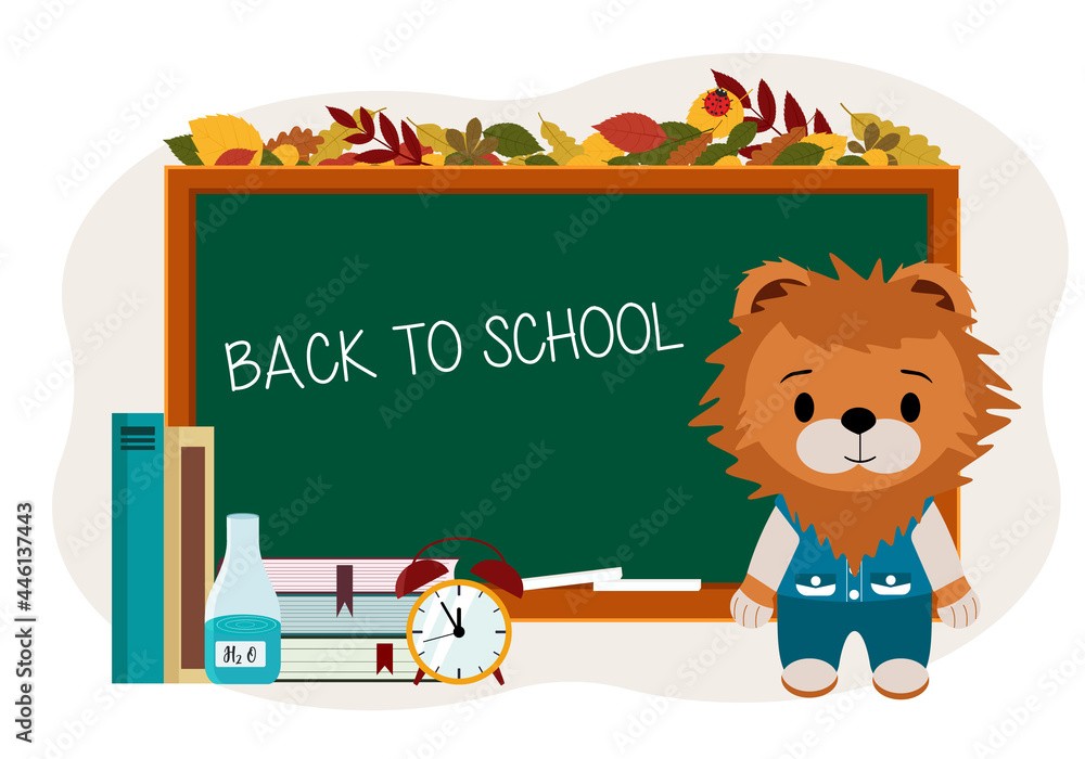 Fototapeta premium Illustration of a cute lion cub near the school board